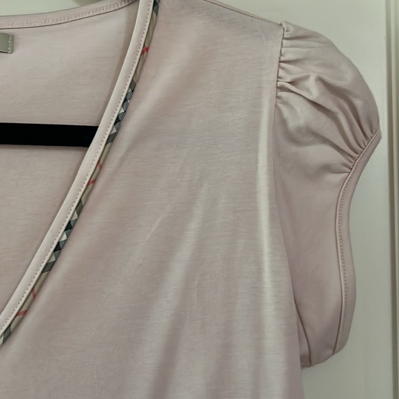 Pink Burberry Tshirt with plaid Burberry trim on V neck front. - Picture 3 of 5